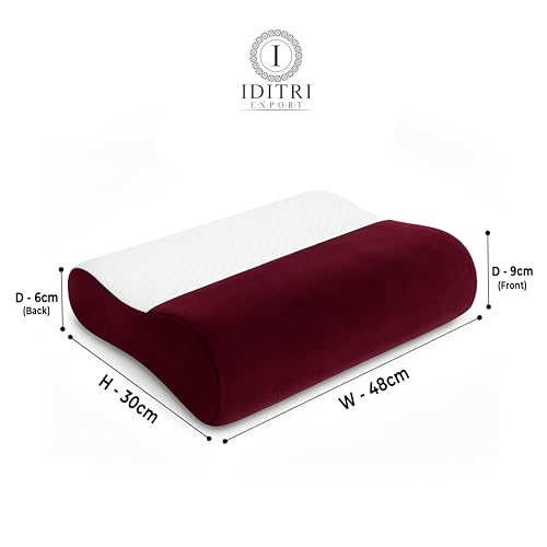 Image of Contour Cervical Pillow Set of 2, Memory Foam Neck Support for Sleeping, 220 GSM Jacquard /Velvet Cover, 48x30x9 cm, Maroon & White Ergonomic Design, Orthopedic Spine