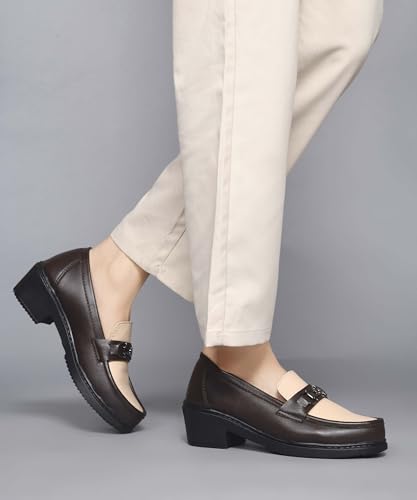 Image of JM LOOKS Elegant Two-Tone Slip-On Loafers with Block Heel and Sophisticated Metallic Bit Ornament for Formal Wear