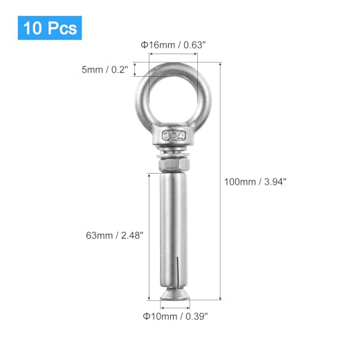 Image of uxcell Ring Lifting Expansion Eyebolt, 10pcs M6x80mm 304 Stainless Steel Expansion Screw with Eye Ring for Concrete Brick Wall