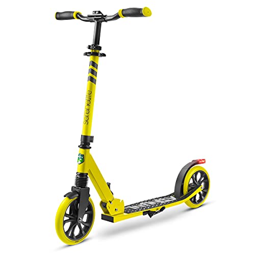 SereneLife Lightweight and Foldable Kick Scooter - Comfortable T-Bar Handlebar, Adjustable Scooter for Teens and Adult, Alloy Deck with High Impact Wheels, Durable ABEC-7 Bearings, Yellow SLTS98
