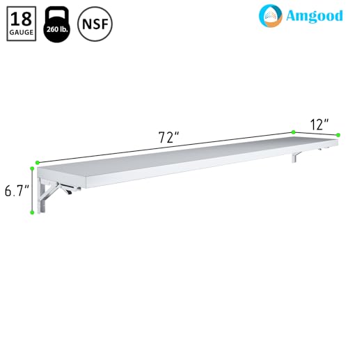 Image of AmGood Stainless Steel Folding Wall Shelf 12 in. x 72 in. NSF | Concession Stand, Food Truck, Kitchen, Restaurant, Garage, Laundry, Utility Room