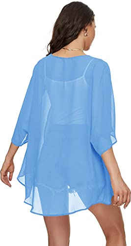 Image of Indian Trendy Women's Solid Puff Sleeve Kimono Cardigan Loose Cover Up Casual Blouse Top Chiffon
