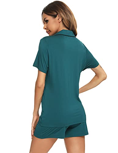 Roojaa Womens Pajama Set Short Sleeve Button Down Pjs Soft 2 Piece Classic Sleepwear Blue Green #TOP5