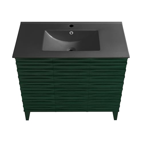 Image of Swiss Madison Cascade 36 inch Freestanding Bathroom Vanity in Green Oak with Black Sink Top