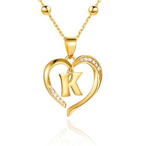 Cicy Bell Womens Heart Initial Necklace for Women 18k Gold Plated Cubic Zirconia Dainty Letter Pendant Necklace 17.7'' with 2'' Extender
