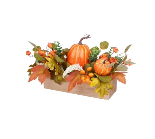 FLOROAD Fall Decor - Faux Pumpkins & Maple Leaves in Wood Box for Table Centerpiece, Shelf, Mantel, Window Sill Decor - Autumn Thanksgiving Arrangement for Home Indoor Outdoor - 14 inch
