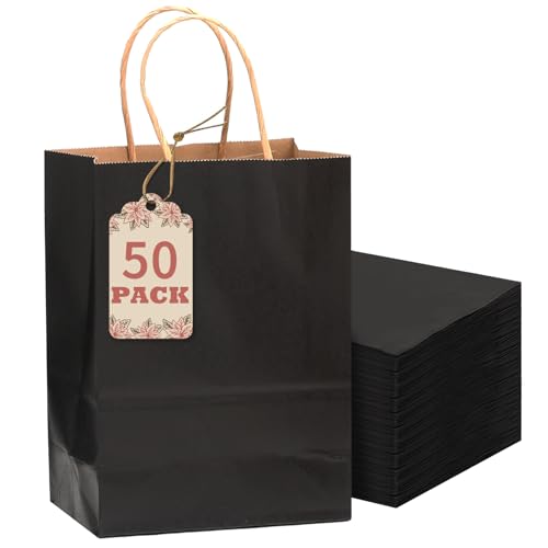Gcardist 50-Packs Black Paper Gift Bags with Handles Bulk 8.3x6x3.15 Small Size Party Favor Bags Multiple Uses