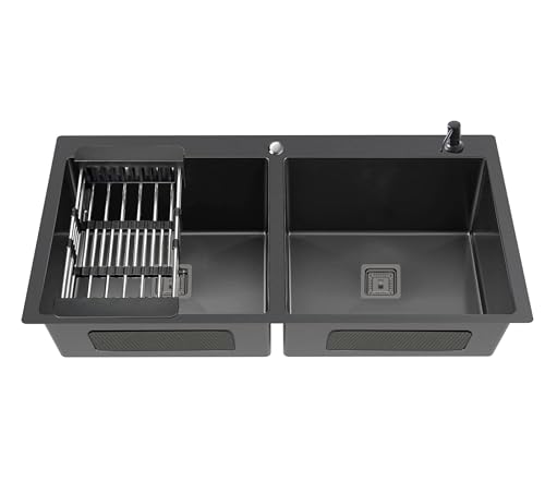 Image of Fossa 37 inchx18 inchx10 inch 5-Year Warranty Premium Stainless Steel Double Bowl Kitchen Sink with Tap Hole | with Drain Basket, Soap Dispenser & Drain Kit | Black (Matte Finish)