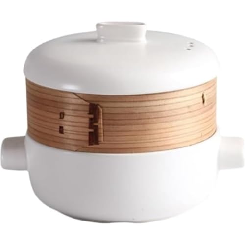 MsiDtsoy 日本の蒸し器キャセロール 付きスープポット シチューポット 竹製多層ホテル 家庭用セラミックキャセロール蒸し器 せいろ付きホーロー鍋 蒸籠 セット セイロ (4L,蒸し器付きホワイト)