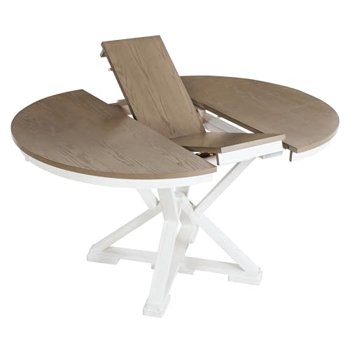 Image of 5-Piece Extendable Dining Set, Retro Kitchen Table for 4 6 People with Removable Middle Leaf and 4 Upholstered Chairs, Round Dining Table for Kitchen, Dining Room, White Brown