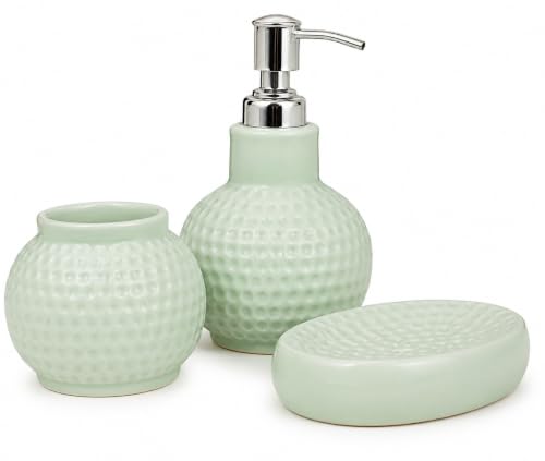 Image of Quace Ceramic Bathroom Accessories Set of 3, Soap Dispenser, Toothbrush Holder & Soap Dish, Modern Bathroom Decor Set for Wash Basin, Vanity Counter & Home Bathroom (Sage Green)