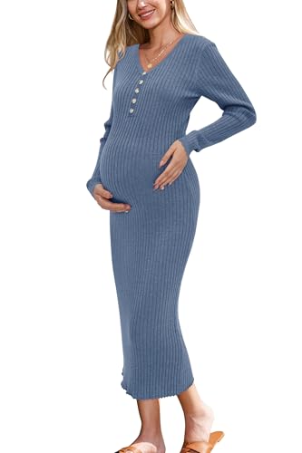 Image of OUGES Women's Wool Blend Stretchy Maternity Photoshoot Baby Shower Dress Bodycon Sweater Dresses