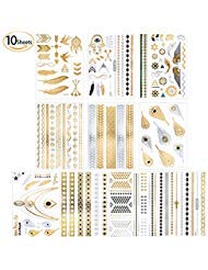 Metallic Temporary Tattoos - 10 Sheets Premium Metallic Tattoo Over 100 Shimmer Designs Body Temporary Flash Metallic Fake Jewelry Tattoos Necklaces Bracelets Feathers Wrist Arm Bands Infinity Love