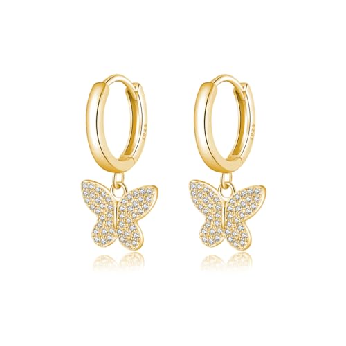 SLUYNZ 925 Sterling Silver CZ Buffterfly Hoop Earrings for Women Teens Sparkling Butterfly Hoop Earrings Huggie Drop