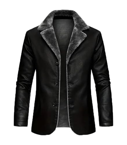 Image of INVACHI Leather Jacket Men Faux Leather Fur Collar Mid-Length Jacket Padded Lining Winter Warm Lapel Trench Coat