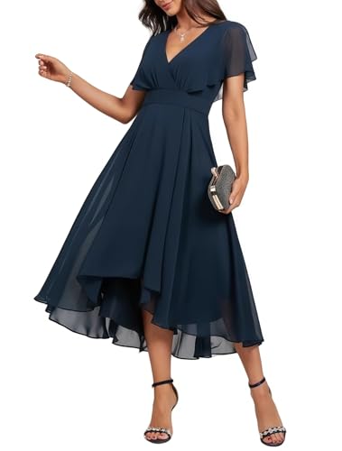 Women's Wrap V Neck Flutter Sleeve Chiffon Cocktail Wedding Guest Dress Layered Ruffle Flowy Midi Party Dress (A-Navy Large)