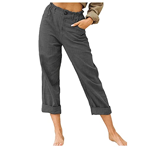 AmazingDays Womens Casual Pants Loose Cotton Linen Trouser Cropped Wide Leg Capri Pants Dark Gray