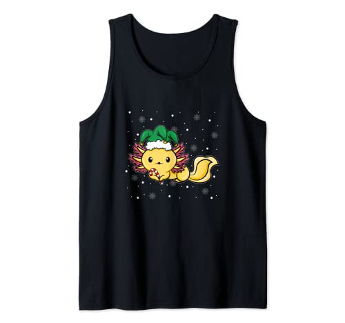 Lindo Axolotl Santa Hat Anime Elfo Navidad Camiseta sin Mangas