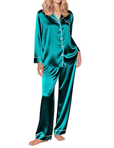 Ekouaer Silk Satin Pajama Set for Womens Button Up Long Sleeve Pj Sleepwear - image 1