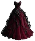 TRHTX Gothic Plus Size Lace Wedding Dresses for Bride Burgundy Deep Sweetheart Applique Bridal Gowns Tiered Wedding Gowns with Train Size 0