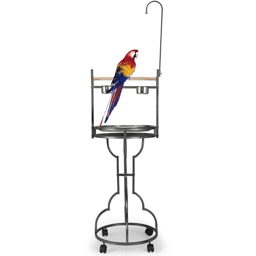 COZIWOW 72 Parrot Stand Stainless Steel Tray Bowls Large Bird Playstand Parrot Perch with Easy Grip Wrought Iron Bird Stand with Toy Hook Macaw Play Gym Ground Stand Rolling Wheel Pet Gift