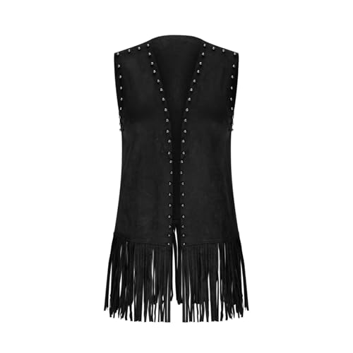 Women's Plus Size Fringe Vest Faux Suede Rivets Sleeveless Tassel Jacket Western Cowgirl Outfits Clothes 2025 Fashion4