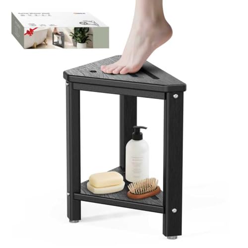 Shower Foot Rest 15in HDPE Waterproof Shower Stool for Inside Shower Corner Shower Stool for Shaving Legs with Storage Shelf for Small Space Shower Step Stool Plastic Corner Shower Bench Black