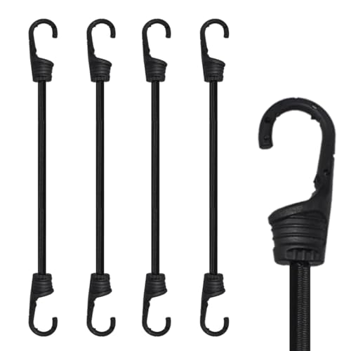 MARRTEUM 12-Inch Bungee Cords with Hooks Black Elastic Rope Straps for Camping Bike Folding Wagon Trunk etc. [4PCS Plastic-clad Steel Hook]