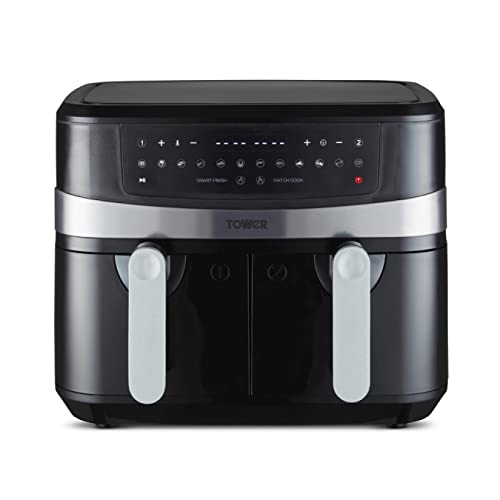 Tower T17088 Vortx 9L Dual Basket Air Fryer with Smart Finish, 2600W, Black