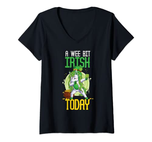 Womens A Wee Bit Irish Today St Patricks Day Unicorn Paddysday V-Neck T-Shirt