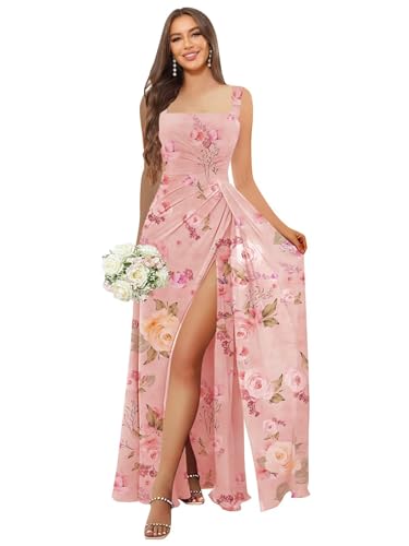Image of HANVAIOS Square Neck Bridesmaid Dresses Long Chiffon Formal Maxi Dress with Slit