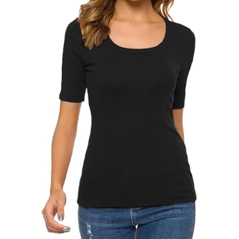 Womens Square U Neck Short Sleeve Basic Tee Tops Fitted Cotton T-Shirts for Summer Winter Layer (S, Black) Cover