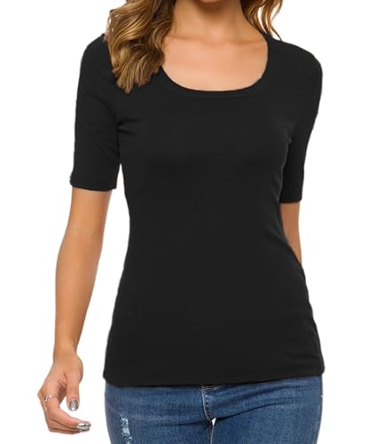 Womens Square U Neck Short Sleeve Basic Tee Tops Fitted Cotton T-Shirts for Summer Winter Layer