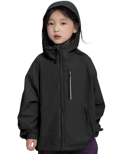 Rolanko Mädchen Wasserdichte Kapuzenjacke Leichter Regenmantel Windbreaker Outwear Regenjacken für Kinder Jungen 7-14 Jahre, Schwarz, Größe: 160/11-12 Jahre