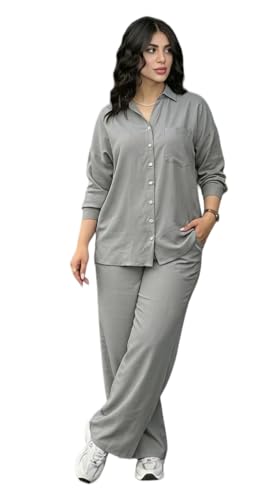 Image of Women's Solid Color Two-Piece Set | Long Sleeve Top & Wide Leg Pants Co-ord Set | Casual Wear Co ord Set