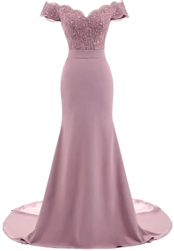 Lace Mermaid Prom Dresses for Women Off Shoudler Bridesmaid Dresses Long Sleeve Satin Formal Evening Party Gowns
