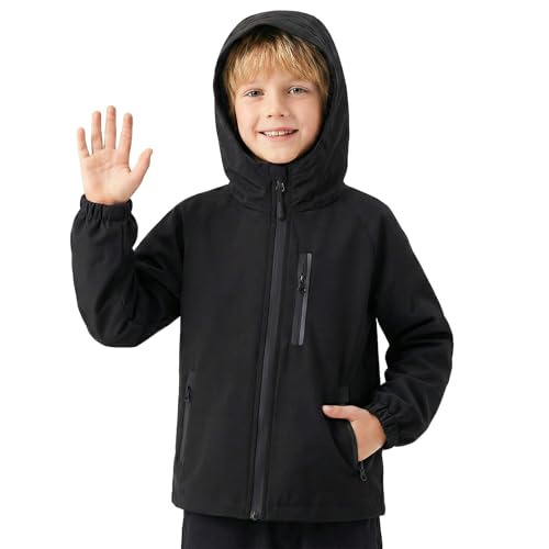 Domueay Chaqueta Impermeable para Niños, Abrigos con Capucha Nino Nina Chaquetas de Lluvia Primavera Otoño Cortavientos Chubasquero Exterior Deportivos Ropa para niños 7-8 Años, Negro