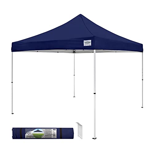 Caravan Canopy M Series Pro 2 10 x 10 Foot Lightweight Steel Frame Shade Tent with Rising Truss System Pull Pin Sliders and Roller Bag Navy Blue