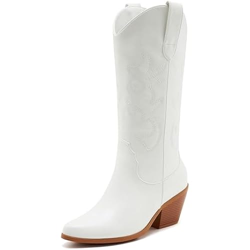 ZXHYZLZ Western Cowboy Boots for Women - Mid Calf Embroidered Cowgirl Boots, Slip On Pointed Toe Chunky Heel Fashion Retro Classic Boots