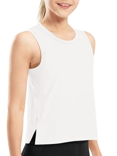 Haloumoning Girls Tank Tops Kids Crewneck Sleeveless Shirts Undershirts Dance Yoga Basic Tops Tees 5-14 Years White