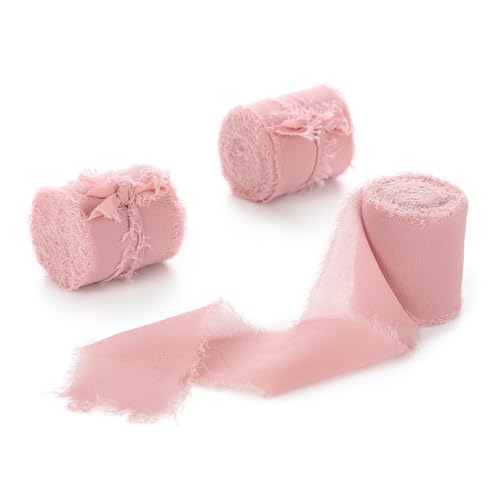 Dusty Rose Chiffon Ribbon 3 Rolls 1.5 inch X 5 Yard Handmade Fringe Silk Chiffon Ribbon Set for Gift Wrapping Wedding Invitations