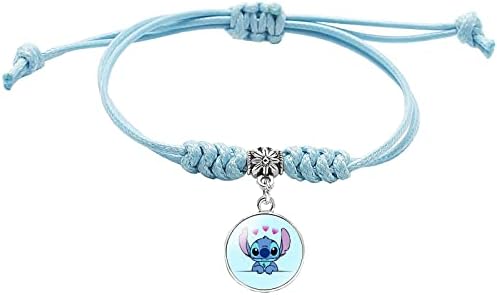 DEZHAN Anime Cartoon Ohana Stith Bracelet Charm, Black Blue Leather Metal Family Bracelet for Girls Women and Men