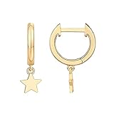 PAVOI 14K Yellow Gold Plated 925 Sterling Silver Post Celestial Dangle Huggie Hoop Earrings For Women - Trendy Star Hoop Earrings - Small Hinged Huggies