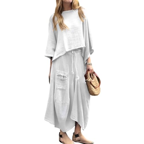 Akivide Women's Cotton Gauze Skirt 2 Piece Sets Outfits Batwing Sleeve Top Elastic Waist Maxi Dress Sets with Pockets