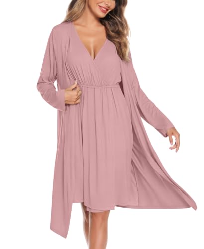 Image of SWOMOG Women Maternity Nursing Gown and Robe Set 3 in 1 Labor Delivery Nursing Nightgown for Breastfeeding Hospital Bathrobe