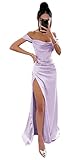 EVWWEN Women's Off Shoulder Mermaid Prom Dresses Satin Formal Evening Party Gowns Ruched Slit Bridesmaid Dresses Lilac 0 EV9712