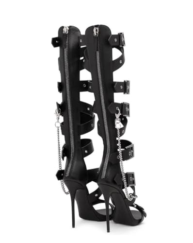 MissHeel Knee High Strappy Buckle Heels Gladiator Sandals with Chain4