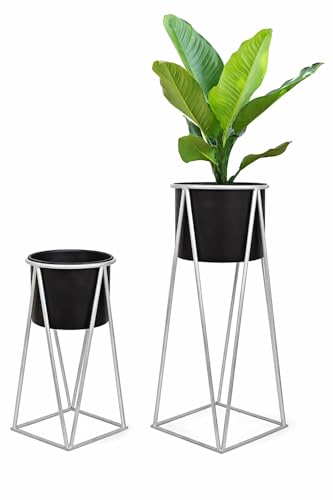 Image of Planters for Indoor Planters Indoor Plant Stands with Pots (Black /Silver (Tall Stands) Set of 2)