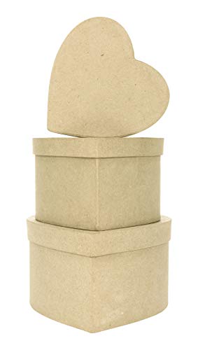 Décopatch BTS903O - Un lot de 3 supports en papier brun mâché, Boites cœurs (14x14x8 cm - 16x16x10 cm et 18x18x11 cm)