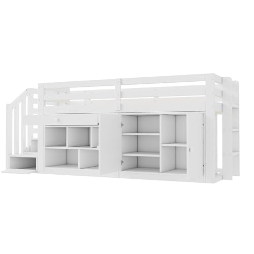Kinderbett 90x200 Einzelbett, Hochbett mit Stauschrank, Schreibtisch und Treppe, Regal & Schubladen & Schließfach, Holzbett Stauraumbett Funktionsbett Jugendhochbett mit Lattenrost,Ohne Matratze,Weiß